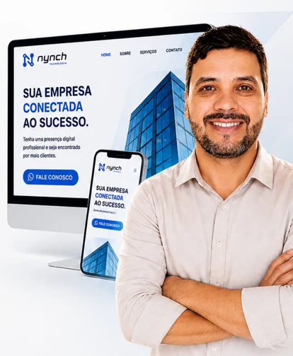 Apresentação da presença digital Nynch em computador e celular, com atendimento humano